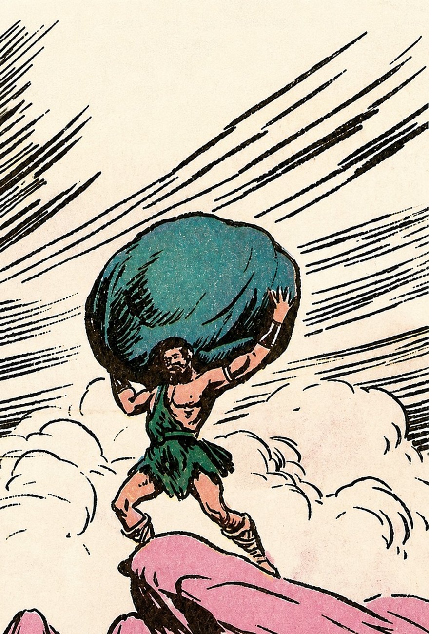 Ilustración antigua de un hombre levantando una gran piedra sobre su cabeza